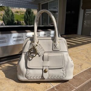 RARE Coach Whipstitch Pebbled Ivory Satchel Top Handle Bag Charm Hang Tag Gold